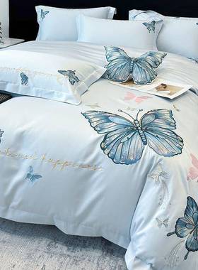 轻奢100长棉A类纯绒棉四件套蝴蝶08121绣刺全棉被套床单床床笠上