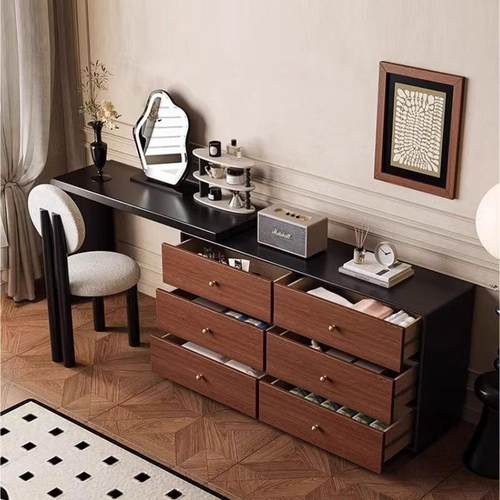 收复古风实木风1梳妆卧室床尾纳柜胡桃木台中古伸缩化