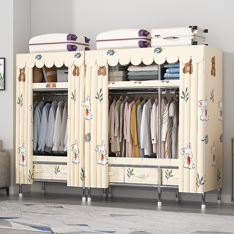 双人衣柜女孩卧室家用出租房简易布衣柜加粗加厚全钢架2025新爆款