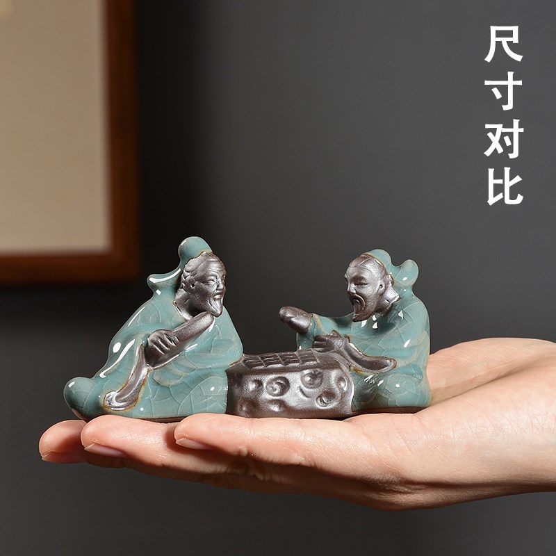 竹林七贤哥窑茶宠摆件桌面创意装饰微景观花宠盆栽装饰品开片可养