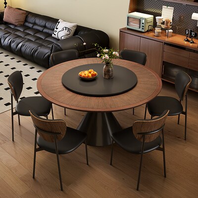 法式中古实木圆桌带转盘家用小户型岩板餐桌椅黑色复古风圆形饭桌