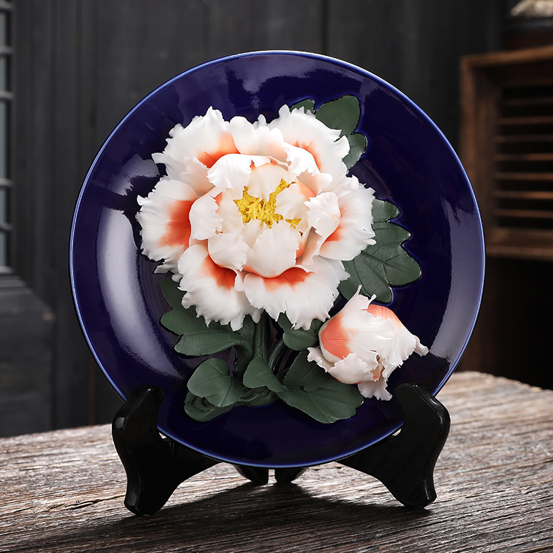 陶瓷七寸洛阳牡丹花盘工艺结婚婚庆家居电视柜装饰艺术品瓷雕摆件