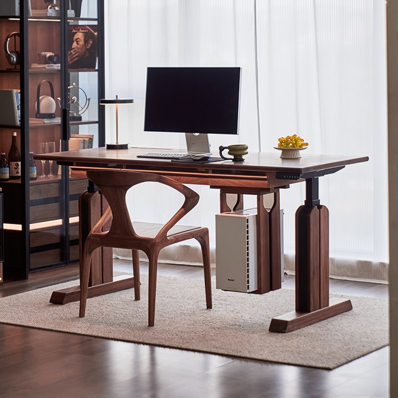 实木电动升降桌家用黑胡桃木书桌工作台电脑桌智能可升降学习桌