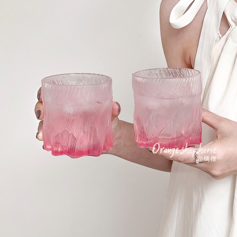 橘橙玻璃杯冰玄杯磨砂粉设计感不规则酒杯复古威士忌杯少女心水杯