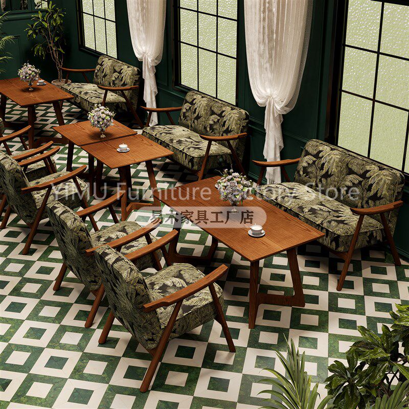 覆古咖啡厅桌椅组合酒吧清吧南洋风中古洽谈休闲区实木沙发椅商用