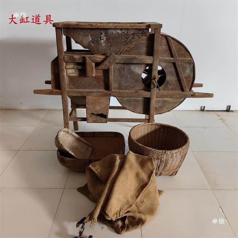 民俗物件ELQ怀老式车木犁农具复古旧农耕老文风化老背箩推车影视