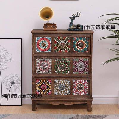 美IOL式复古实木柜彩绘厅储斗物柜抽屉式客收纳柜阳台层多置物柜