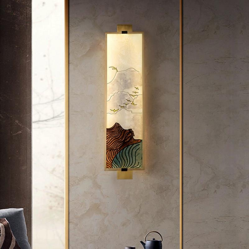 珐瑯彩新中式壁灯画全铜高端中国风客厅背景墙灯过道卧室床头灯具
