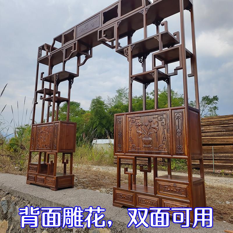 全实木月洞门隔断彷古新中式博古架客厅电视背景墙玄关柜月亮拱门