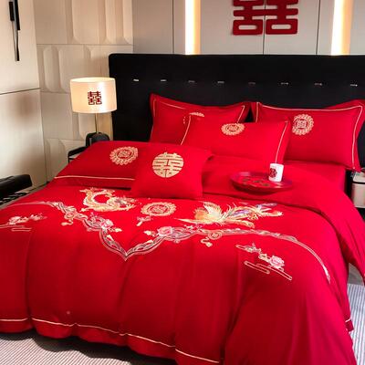 225新款亲肤棉大红刺婚庆四绣件套HQL-婚庆床单四床笠款结婚回礼