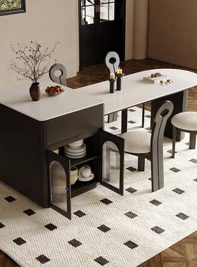 新款古风15102岩中板岛台餐桌体家用轻奢小户型黑色半圆伸可缩中