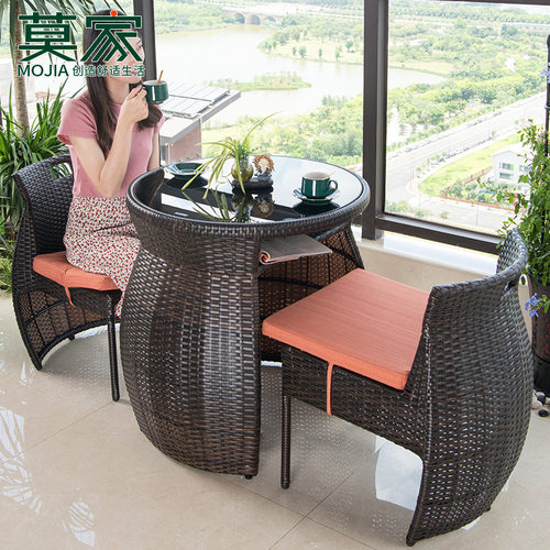 阳台茶桌椅组合网红休闲小茶几藤椅三件套露天一桌两椅可收纳