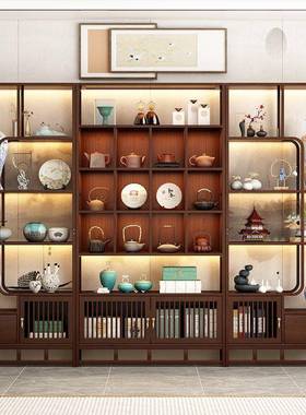 实板展柜古办公室书柜一体靠墙博实色木书心架原胡桃色原色DOM带