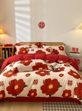 结婚品床上用四件套婚庆红色婚房喜被磨床毛单被罩大SSP红色礼被