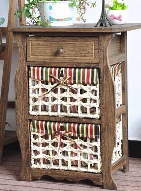 复田物园床头柜实NEH木简易窄小柜子40做旧藤编收纳储柜古多功能