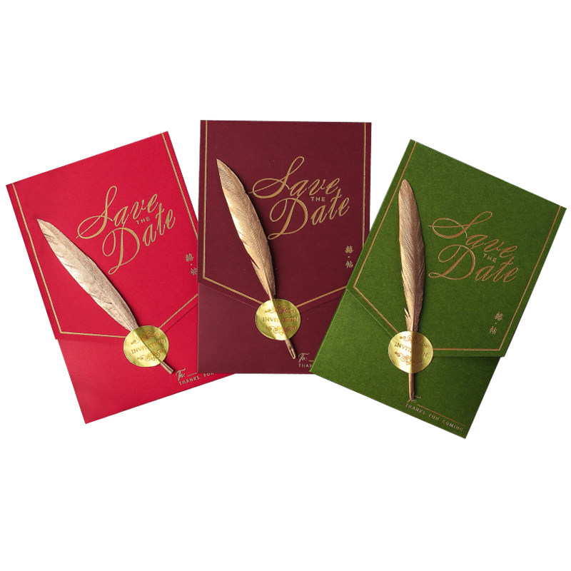 请柬结婚喜帖2022婚礼邀请函红色羽毛欧式创意婚宴请帖定制