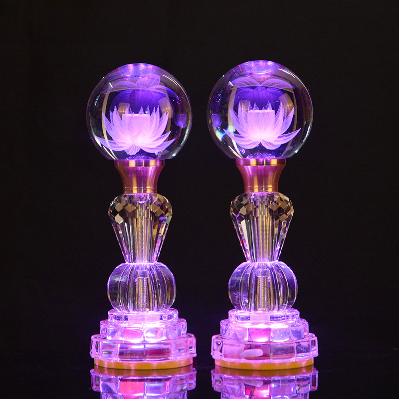 led水晶玻璃莲花佛供灯佛台七彩佛灯家用佛堂工艺品插电一对