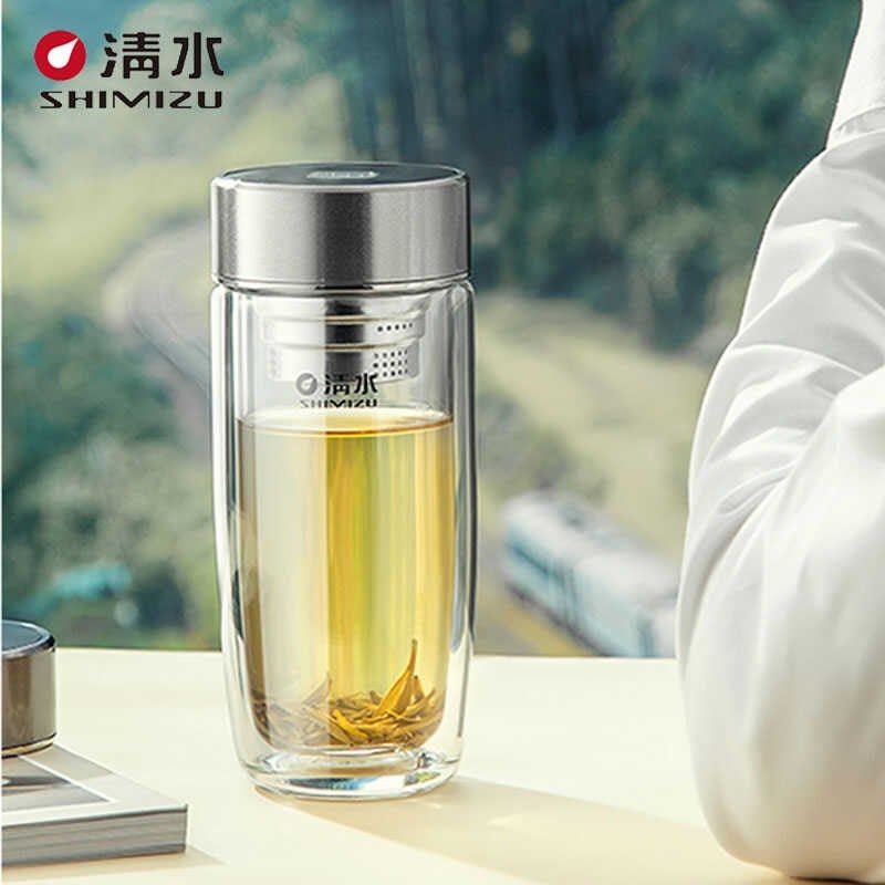 清水双层玻璃杯家用办公便携水杯316滤网茶水分离杯车载耐高温杯