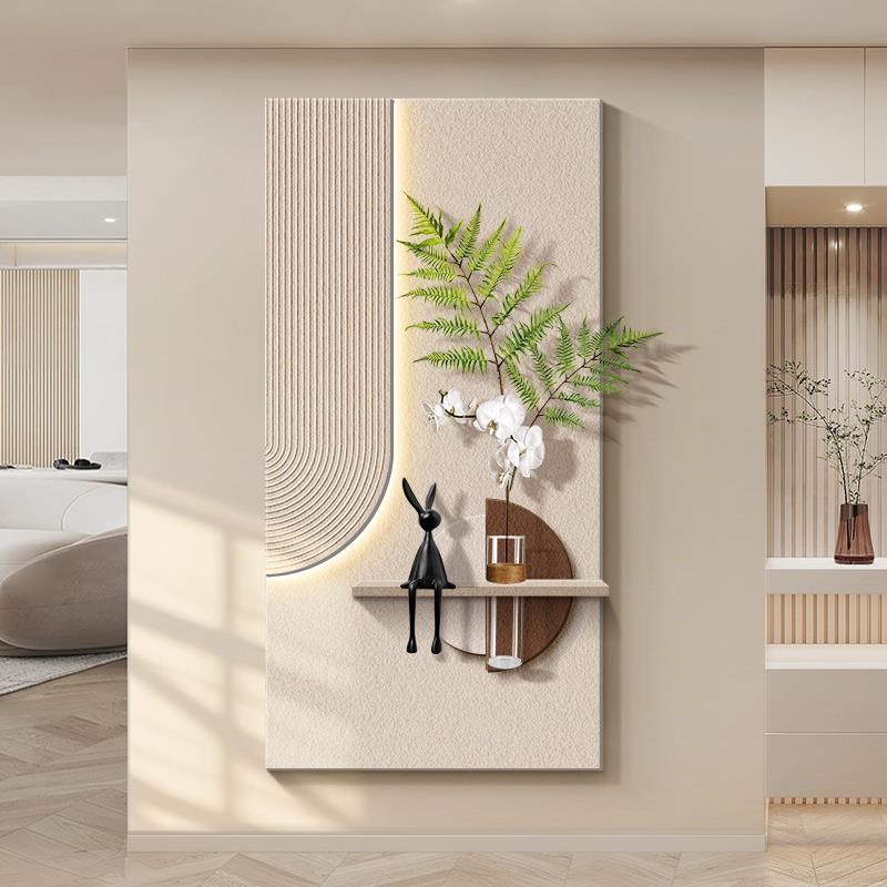 20新款入户玄关实物立体装饰画花瓶水培绿植砂岩壁灯画高端挂画
