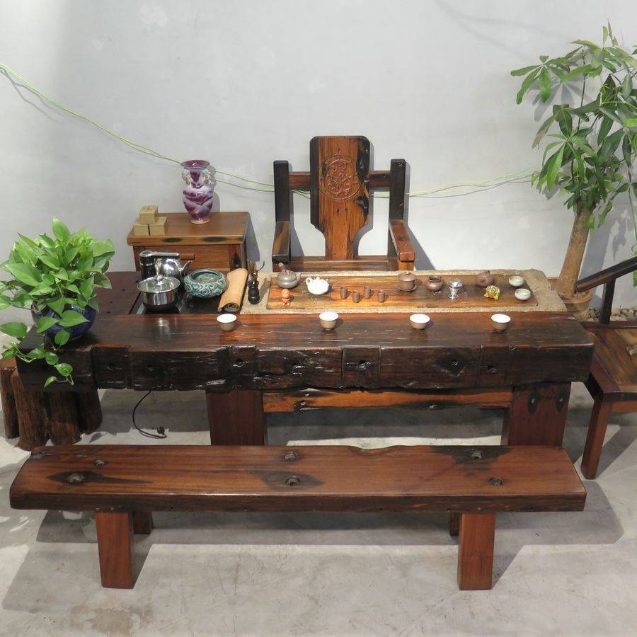 老船木家具复古实木茶桌椅组合现代简约中式龙骨办公茶台茶几茶桌