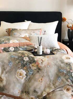 美式10支数码印花全棉床单四0田件套床园花卉被PZ1266套纯棉床单