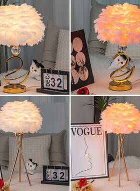 天鹅台灯羽毛卧室床头装饰轻奢摆件浪漫温馨法式奶油风婚房夜灯