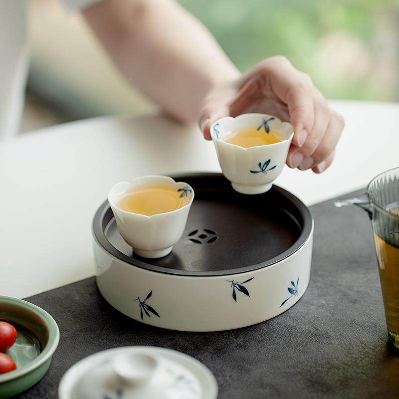 昌居纯手绘蝴蝶兰花陶瓷盘壶承茶台陶瓷朴干泡家养壶茶承HC-0275