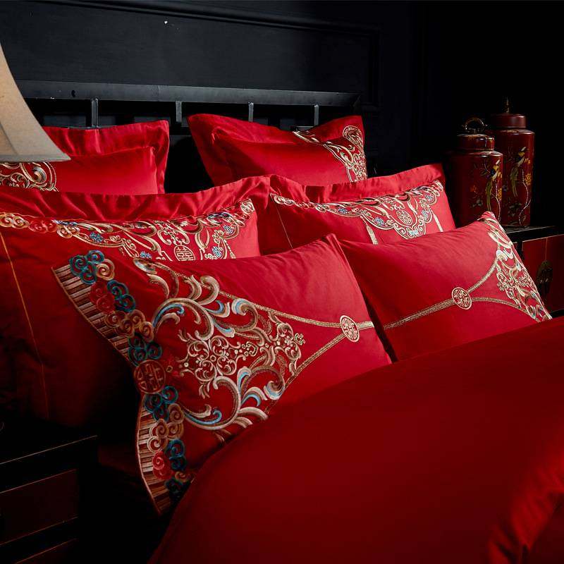 9ZRT纯棉枕套 刺绣大红色单人枕头皮48*74CM一对婚庆结婚床品龙姿