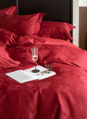 2025100S全棉长绒棉提婚庆四件新套纯棉KRS被花套床单红色床上用