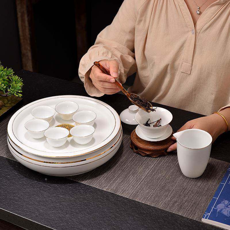 鼓形新款101羊脂玉盘套装家用办公室简描金白瓷茶海约茶茶盘组合
