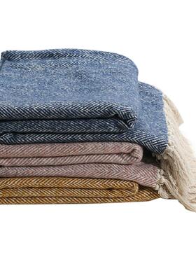 1VPR样F76M96J5间黄色蓝板绒流苏搭毯床尾巾色酒店民宿呢床尾毯软