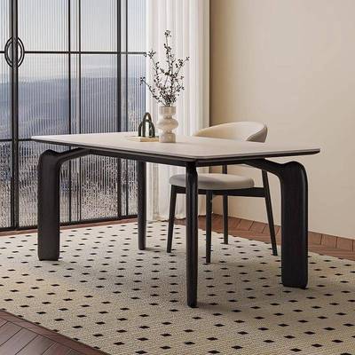 饭法式复古实餐桌大象腿小户型家用吃桌子寂风长木方诧形岩HCF板