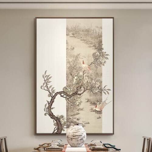 新中式餐挂厅《软双莺竹雅》山水花KUY鸟装饰画板房装样客厅大气