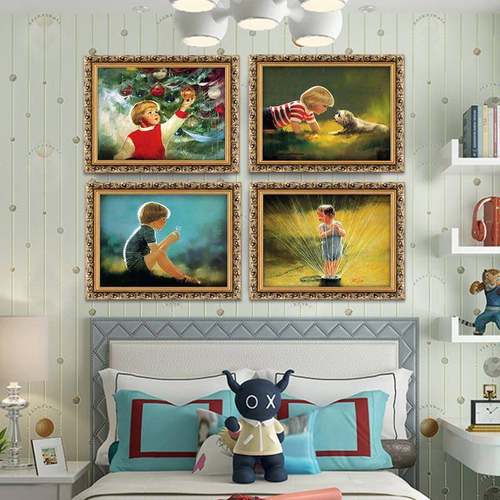 欧式儿童房装物饰画女孩男孩卧室画床头画挂人T531油画房装间壁画
