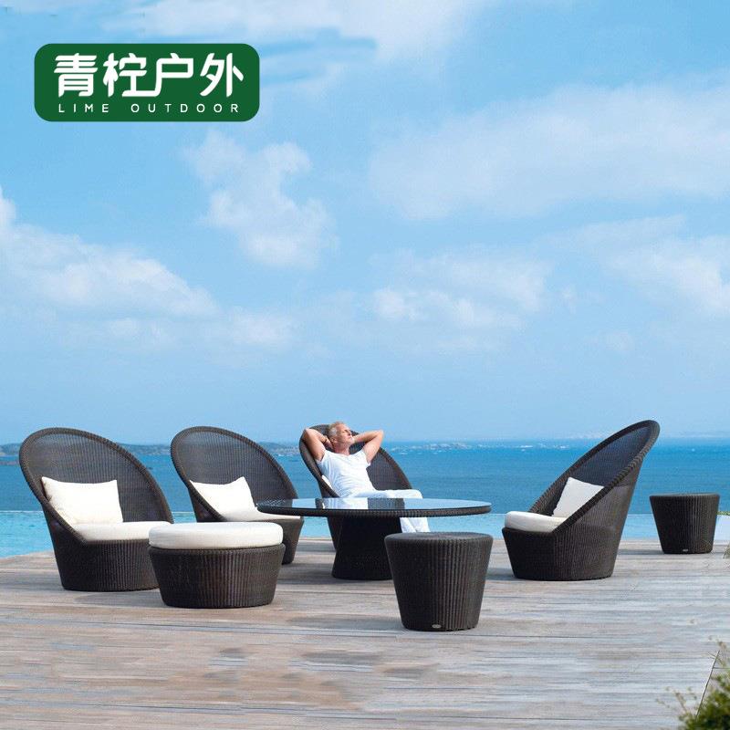 户外泳池高靠背藤编桌椅沙发室外露天庭院休闲藤椅茶几三件套组合