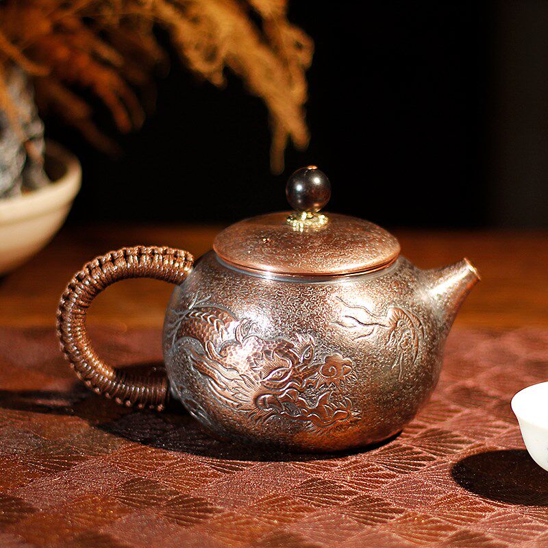 裕隆全纯紫铜游龙泡茶壶纯手工一张打錾刻龙纹冲泡壶复古高端茶具