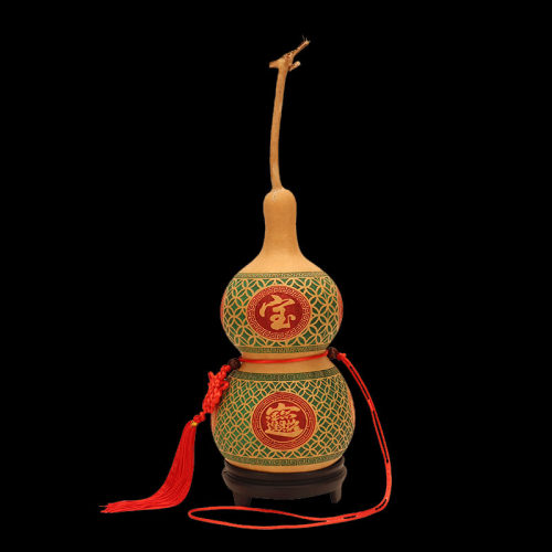 天然开口雕刻葫芦摆件镇邪家居挂件绿色宝字款玄关客厅装饰红色结