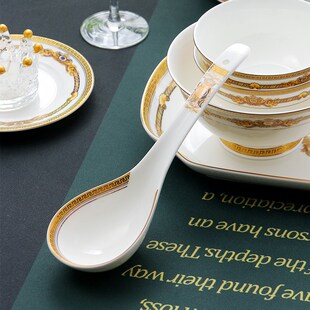 家用骨瓷大汤勺欧式盛汤勺子家用汤匙大调羹陶瓷金边瓷勺子稀饭勺