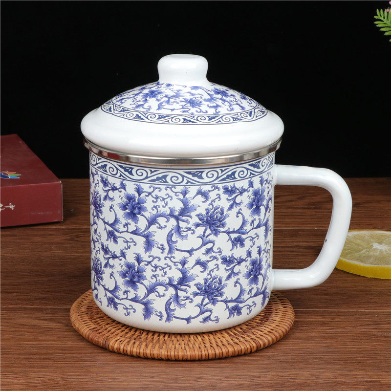 搪瓷茶缸青花瓷搪瓷杯子喝水杯随手杯经典怀旧搪瓷盖杯奶杯铁茶杯