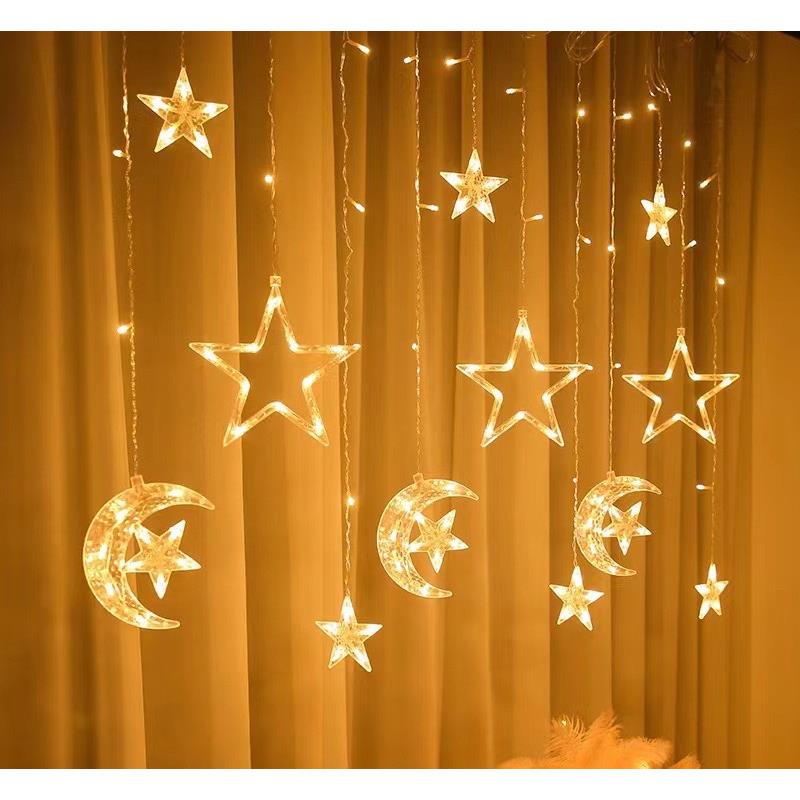 led月抱星窗帘灯星星月亮灯节日房间布置装饰彩灯户外防水冰条灯