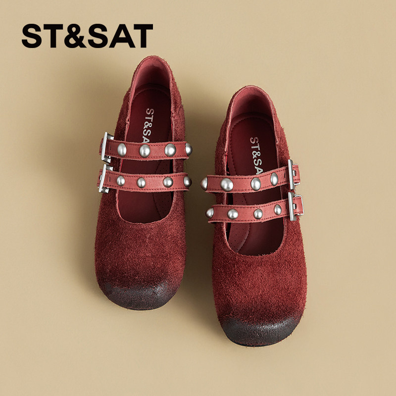 星期六油蜡感芭蕾风复古小众法式铆钉内增高玛丽珍女鞋浅口单鞋子