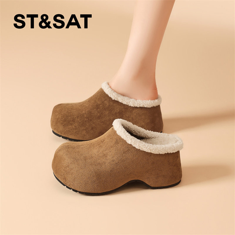 星期六内增高勃肯鞋女毛毛拖鞋女休闲鞋加绒保暖一脚蹬厚底棉鞋子