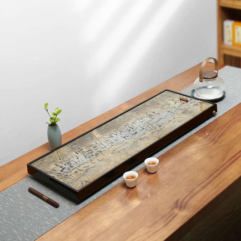乌金石茶盘整块天然国画石茶盘现代轻奢家用茶具排水式干泡台茶海