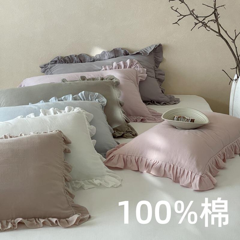 韩系少女感花边款全棉枕头套单品单件一对纯棉双层纱单人枕套两只