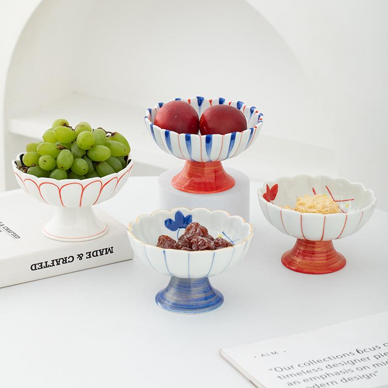 读途中式创意手绘陶瓷高脚茶点盘精致水果盘点心盘客厅家用干果碟