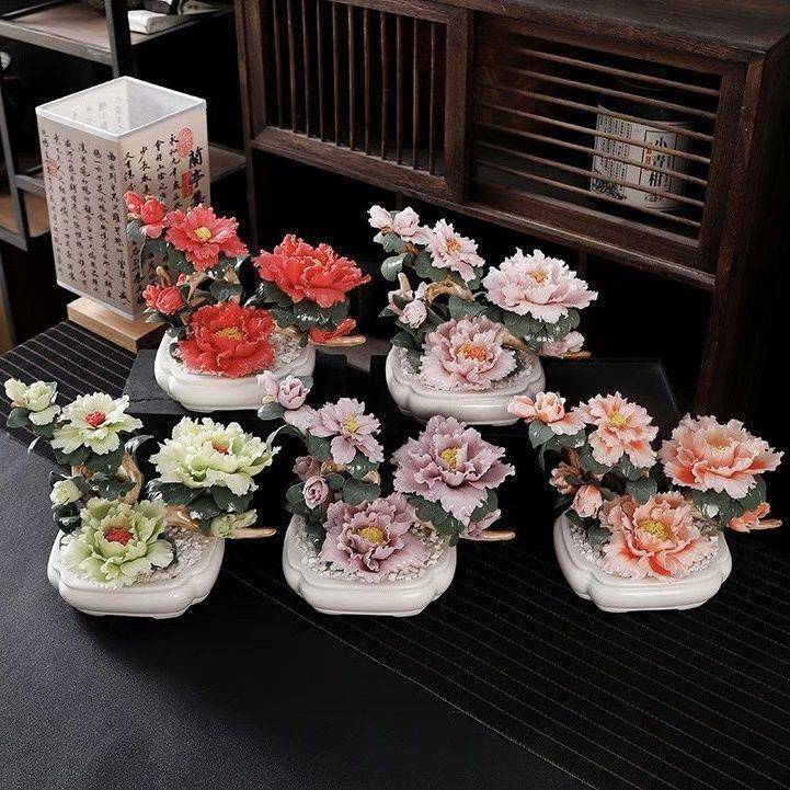 捏花三色牡丹渐变牡丹山茶花盆景装饰玄关办公室酒柜花朵