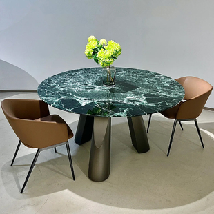 回岩天然普拉达绿奢石餐桌意式轻奢高端大平层客厅餐厅圆形餐桌椅