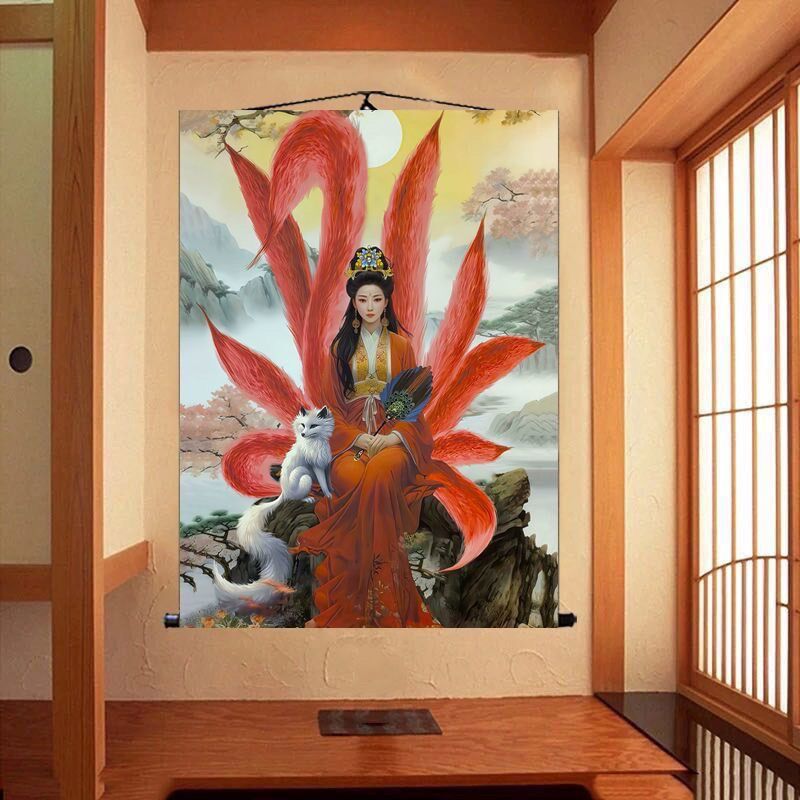 九尾狐画像挂画东北出马堂堂口供奉绢布卷轴画狐娘娘狐狸装饰画