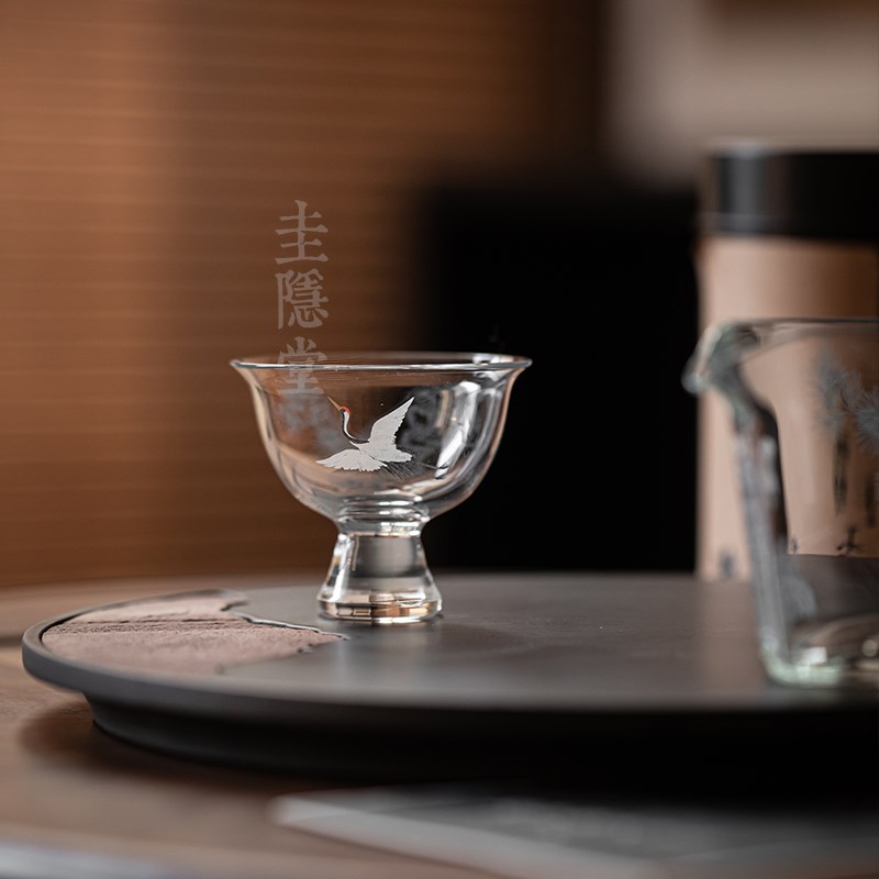 圭隐堂瑞鹤耐热玻璃高足功夫茶杯中式家用主人杯个人单杯品茗杯子