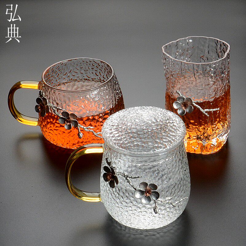 玻璃茶杯锤目纹水杯茶水分离泡茶杯办公室用花茶杯创意个性杯子